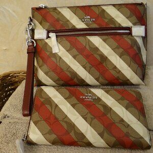 NEW COACH Rowan Pouch and Wallet SET; Signature Canvas with Candy Cane Stripe